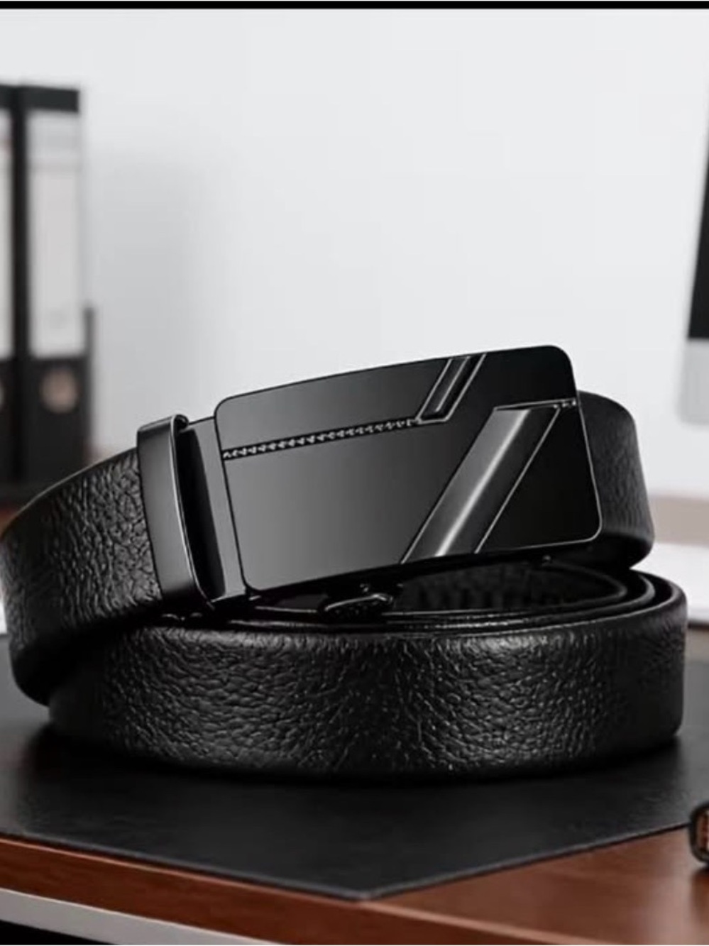 Classic Black Leather Belt with Sleek Geometric Buckle